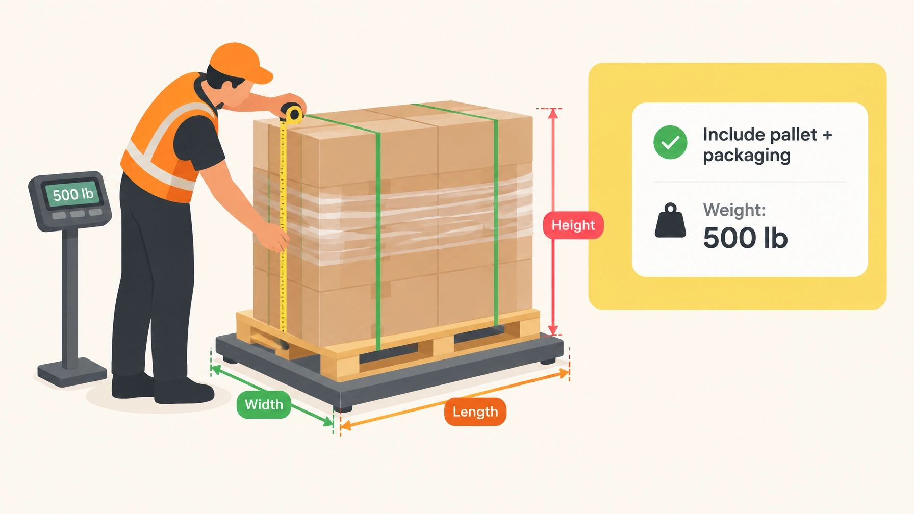 Operator measuring a palletized shipment with dimensions and total weight recorded