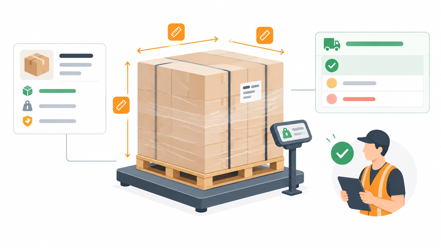 Wrapped pallet, measurement tools, and a freight-class recommendation for operator review